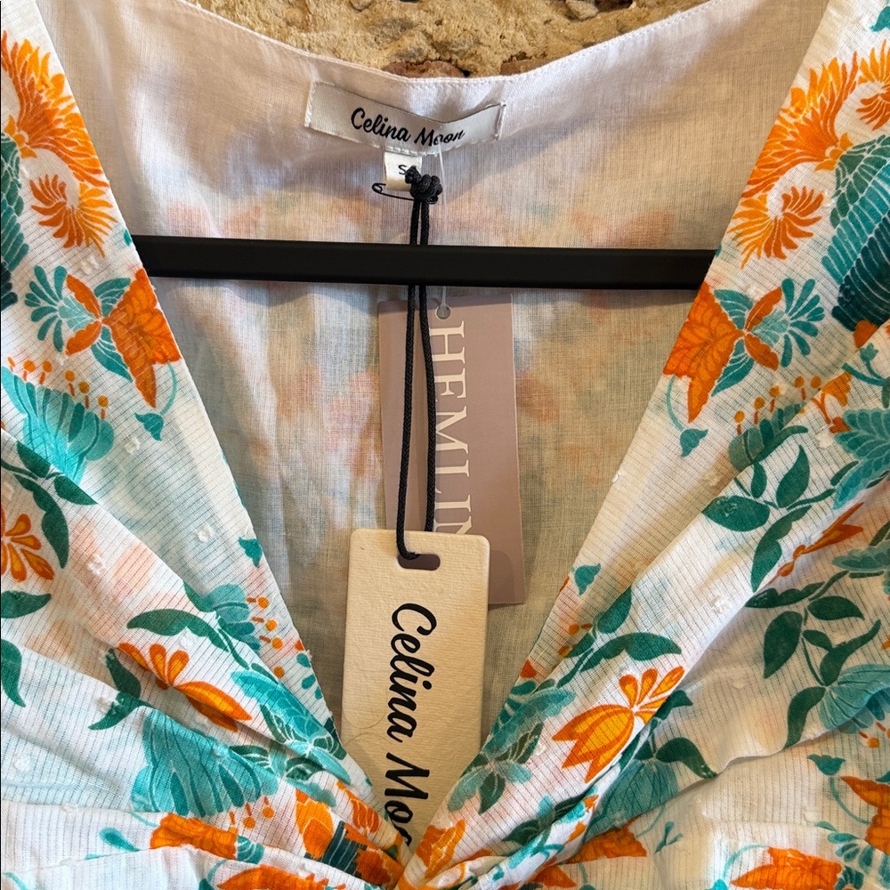 New with tags! CELINA MOON Floral Maxi Dress in White, Orange and turquoise - Picture 2 of 9